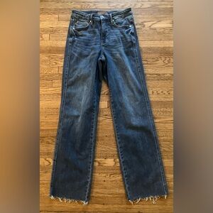 Judy Blue Mid Rise Tummy Control Vintage Straight Jeans Raw Hem Medium Wash 7/28